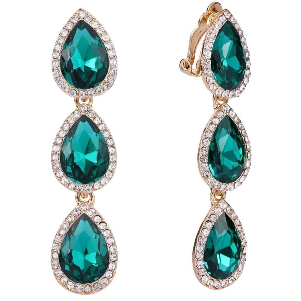 Yellow Gold with Emerald Green and Diamond Austrian Crystal Clip On Earrings